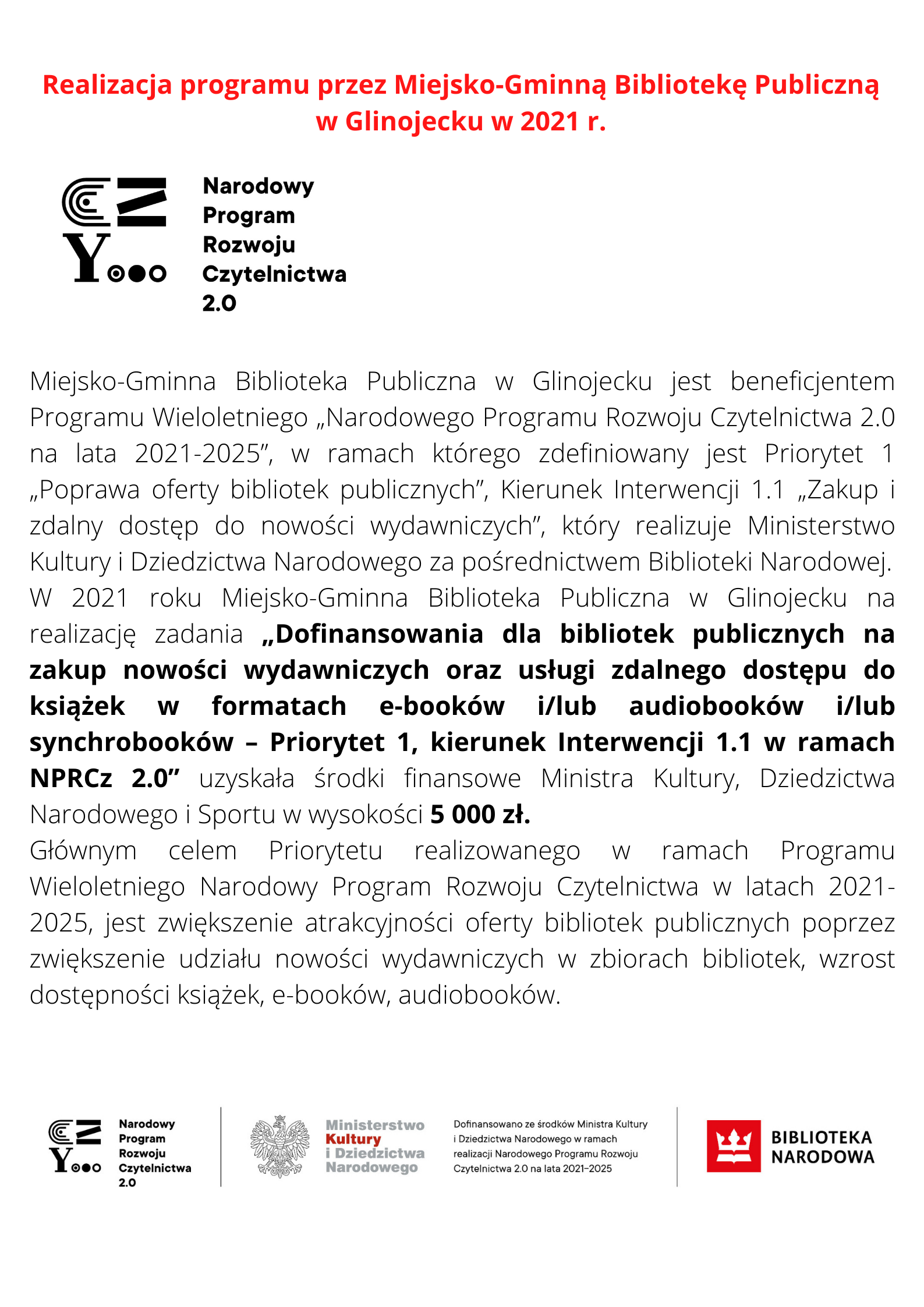 Realizacja programu przez Miejsko Gminną Bibliotekę Publiczną w Glinojecku w 2021 r. poprawione